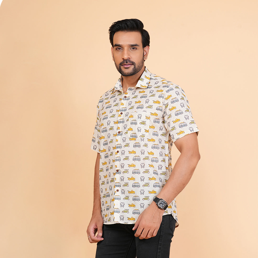 Soft Safari in Printed Cream Half-Sleeves Shirt