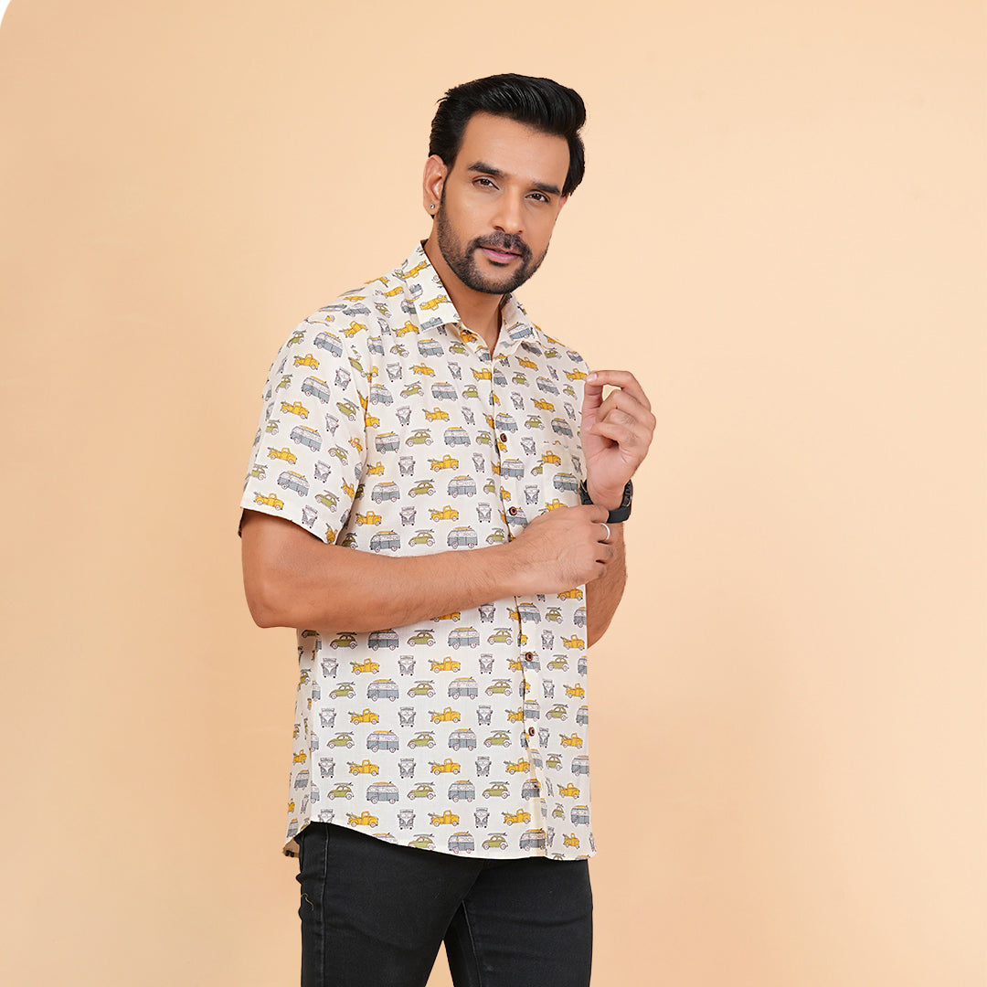 Soft Safari in Printed Cream Half-Sleeves Shirt