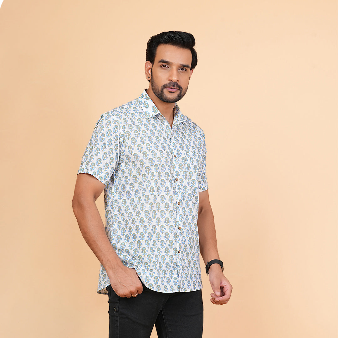 Floral Fashion Blue and Grey Motif Shirt