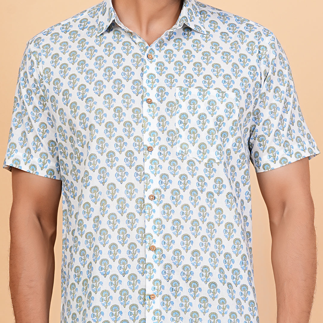 Floral Fashion Blue and Grey Motif Shirt