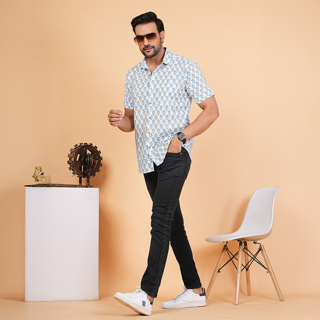 Floral Fashion Blue and Grey Motif Shirt