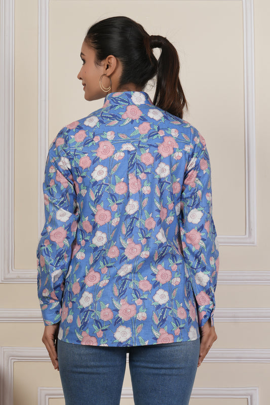 Periwinkle Blue Floral Printed Women’s Casual Shirt