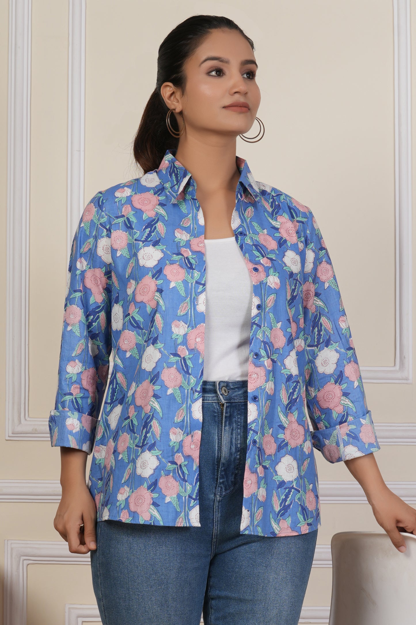 Periwinkle Blue Floral Printed Women’s Casual Shirt