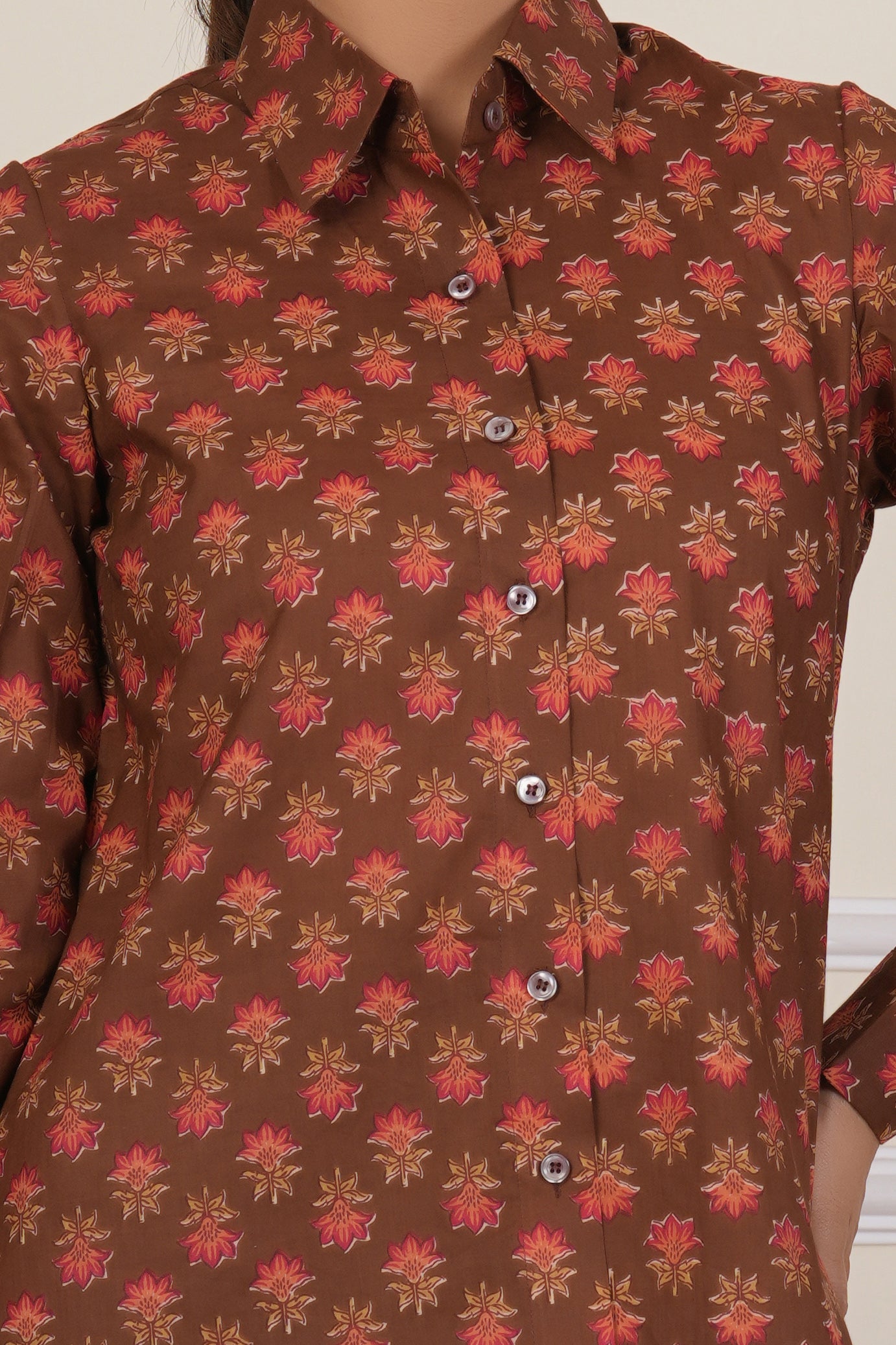 Rust Brown Floral Printed Women’s Casual Shirt