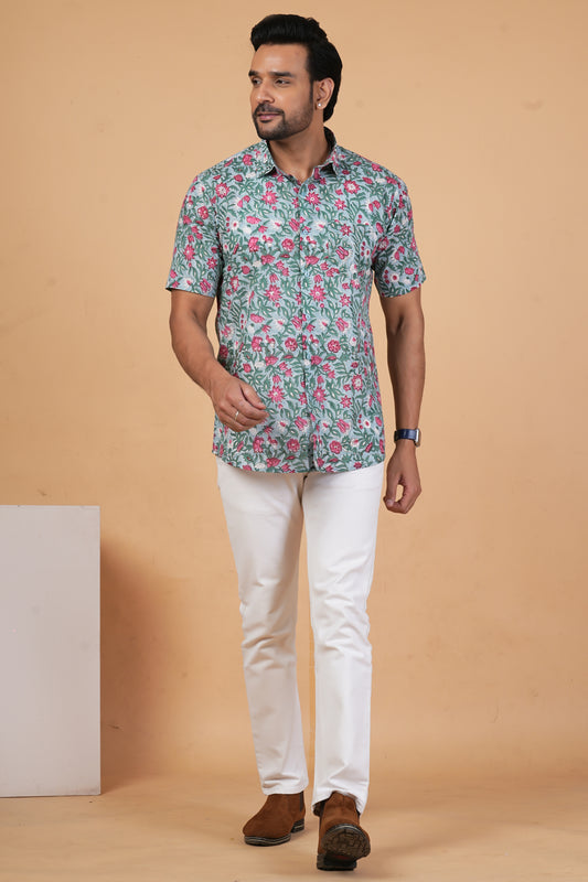 Dusty Blue Garden Shirt with Lotus