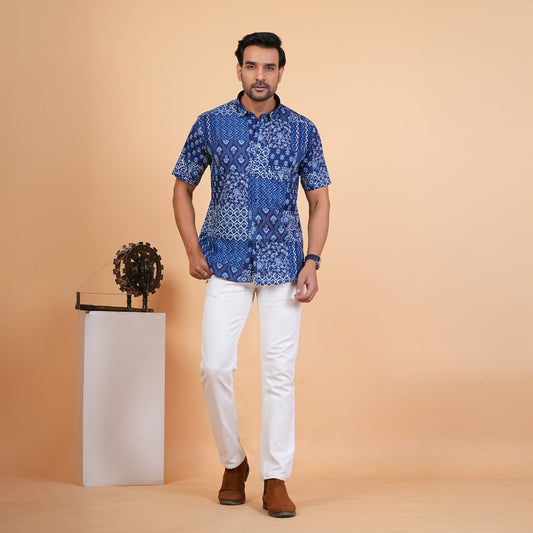 Indigo Patchwork Print Cotton Shirt