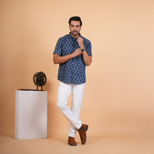 Indigo Elephant Motif Cotton Shirt
