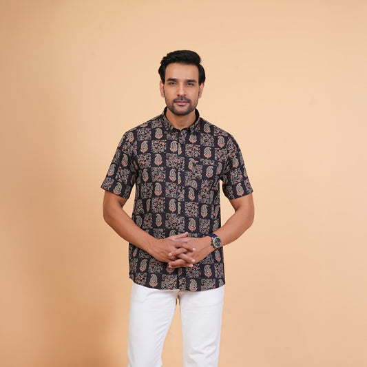 Midnight Paisley Patchwork Cotton Half Sleeves Shirt