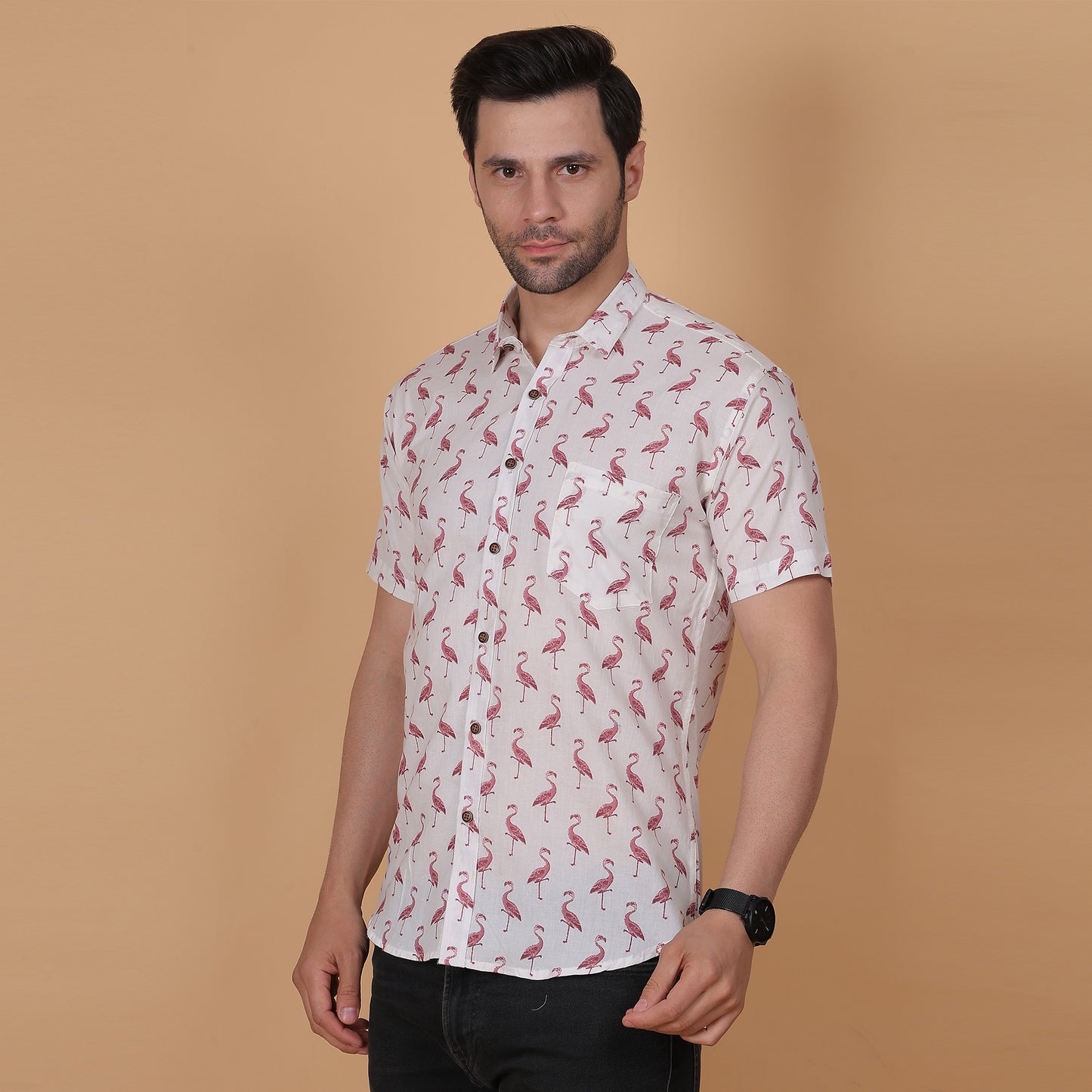 Men's White Cotton Half-Sleeve Shirt with Flamingo Print