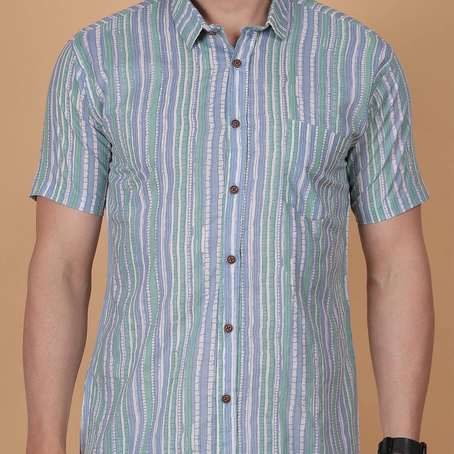 Men's Green & Grey Striped Cotton Half-Sleeve Shirt