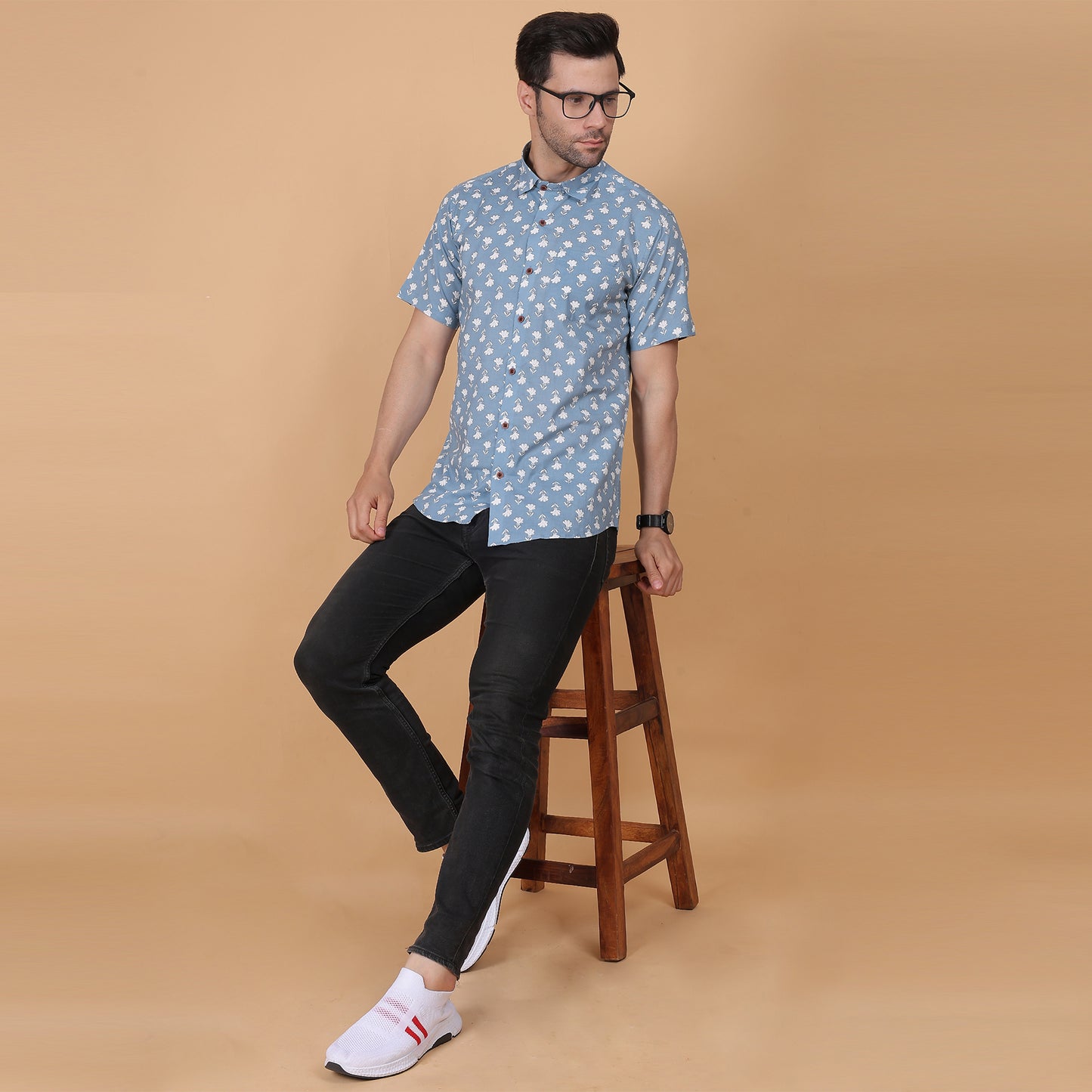 Men's Sky Blue Cotton Half-Sleeve Shirt with White Floral Print