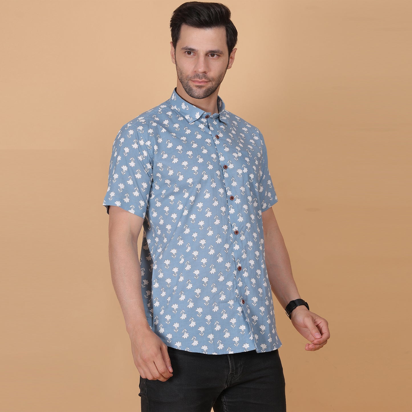 Men's Sky Blue Cotton Half-Sleeve Shirt with White Floral Print