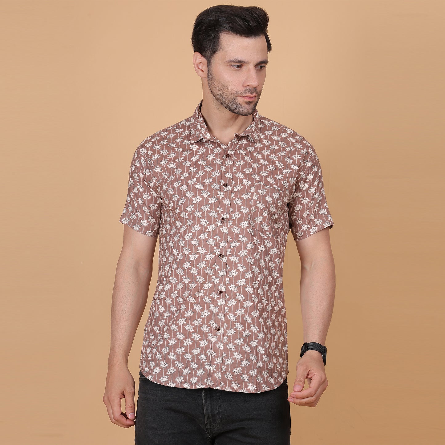 Men's Brown Cotton Half-Sleeve Shirt with Lotus Print