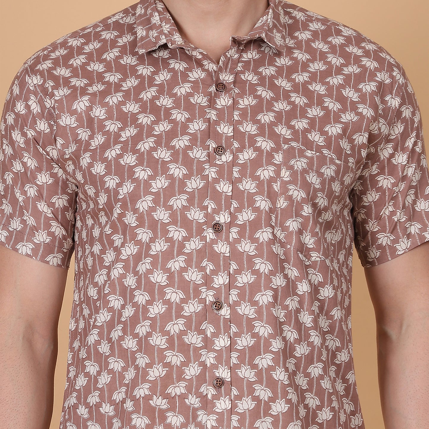 Men's Brown Cotton Half-Sleeve Shirt with Lotus Print