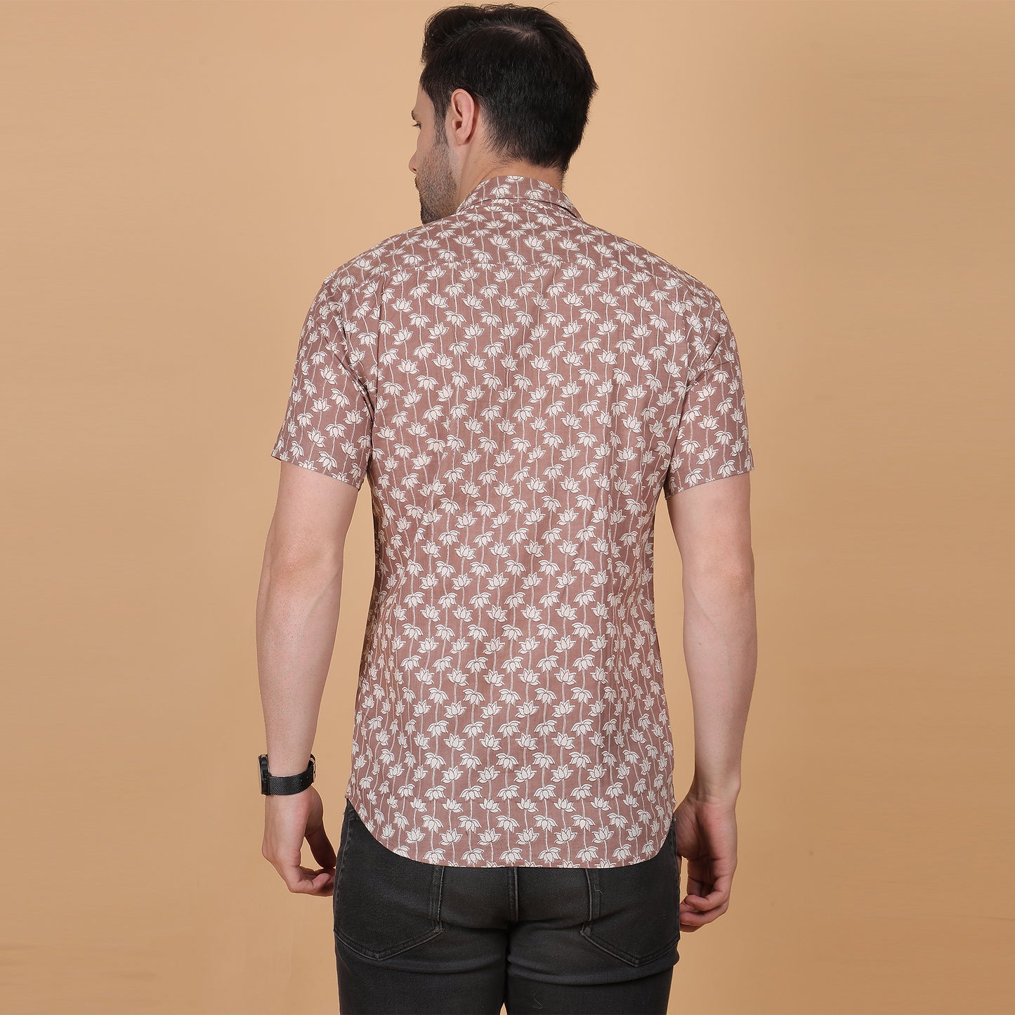 Men's Brown Cotton Half-Sleeve Shirt with Lotus Print