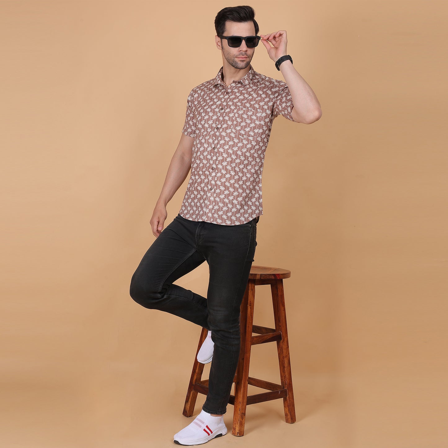 Men's Brown Cotton Half-Sleeve Shirt with Lotus Print