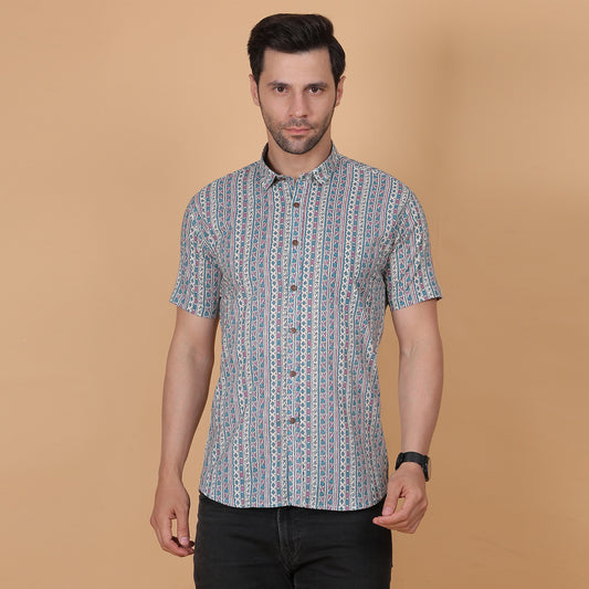 Men's Multicolor Striped Cotton Half-Sleeve Shirt with Heritage Motif