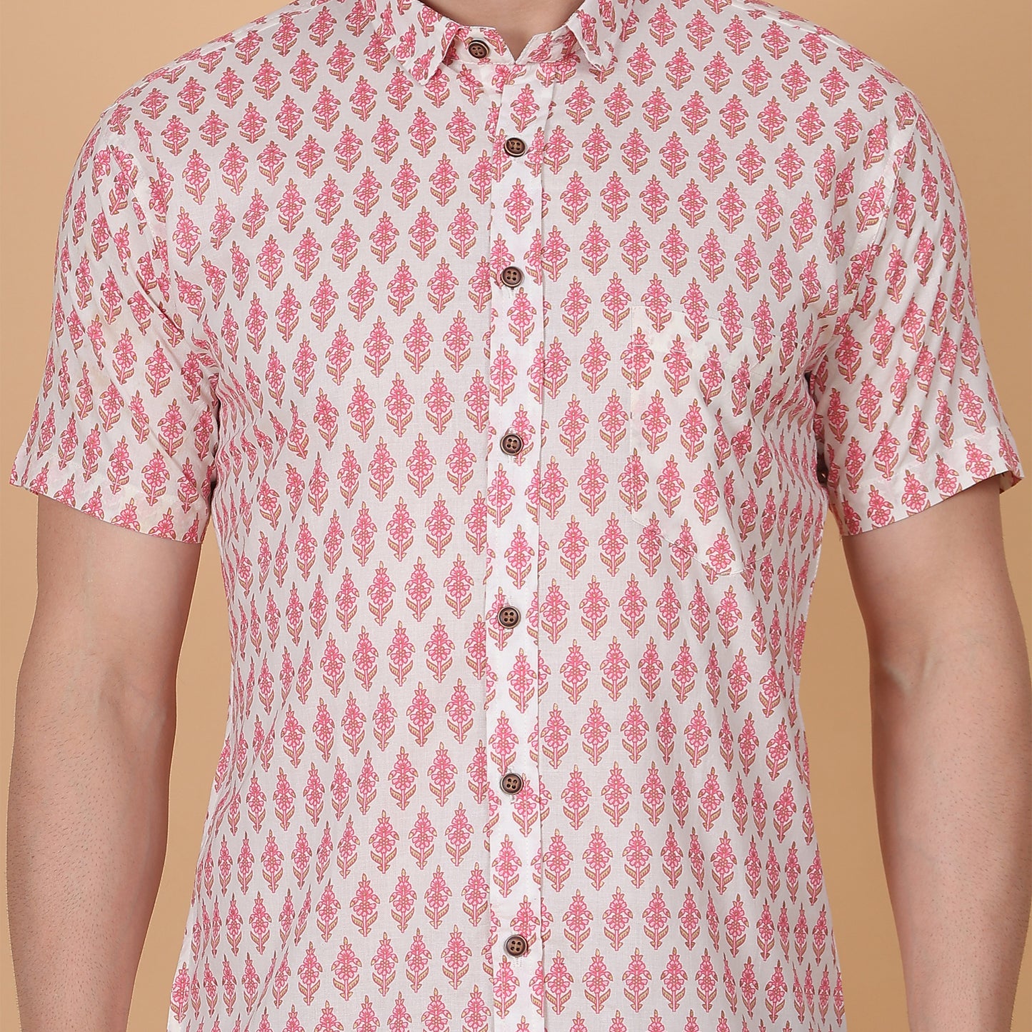 Men's White Cotton Half-Sleeve Shirt with Pink Floral Print