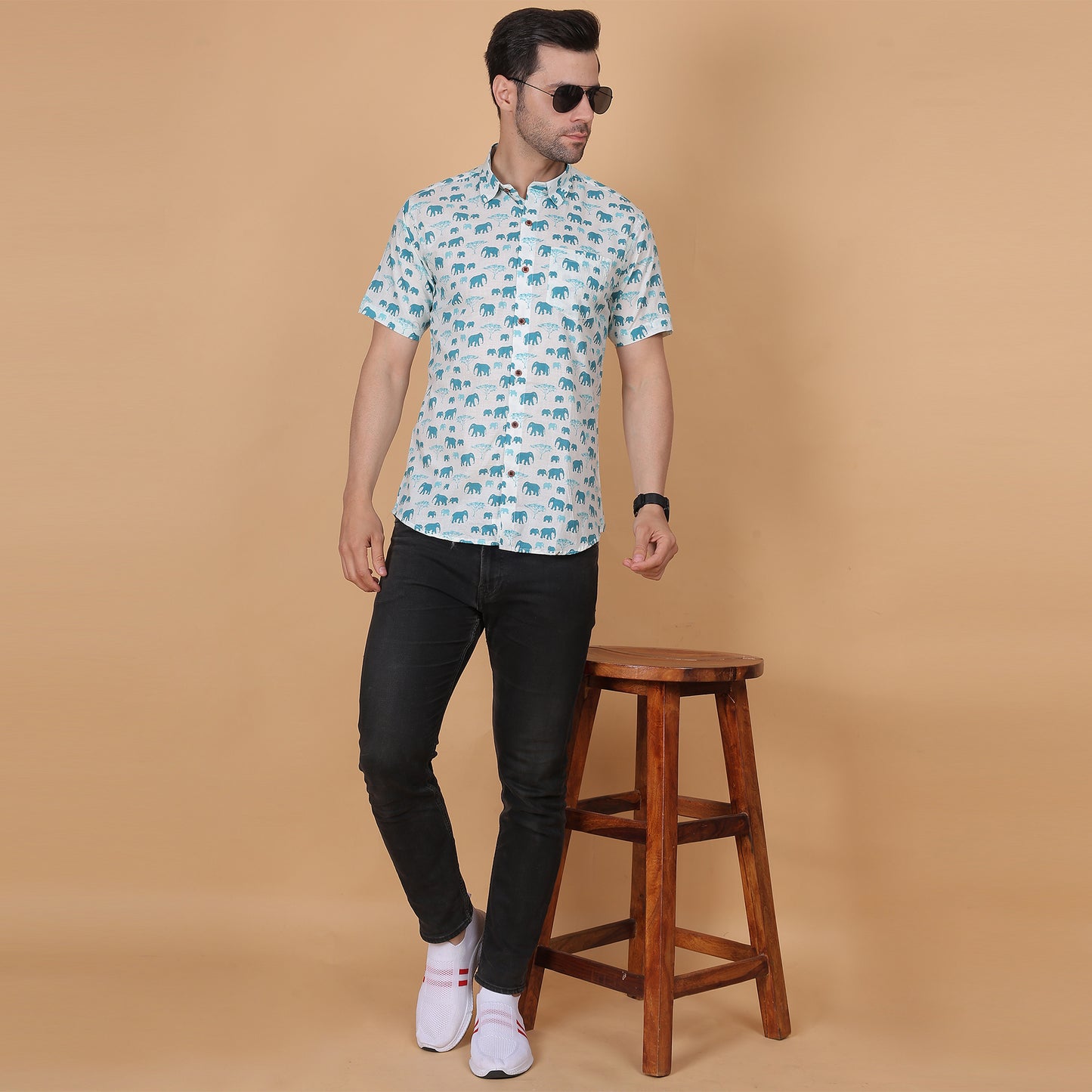 Men's White Cotton Half-Sleeve Shirt with Elephant Motif