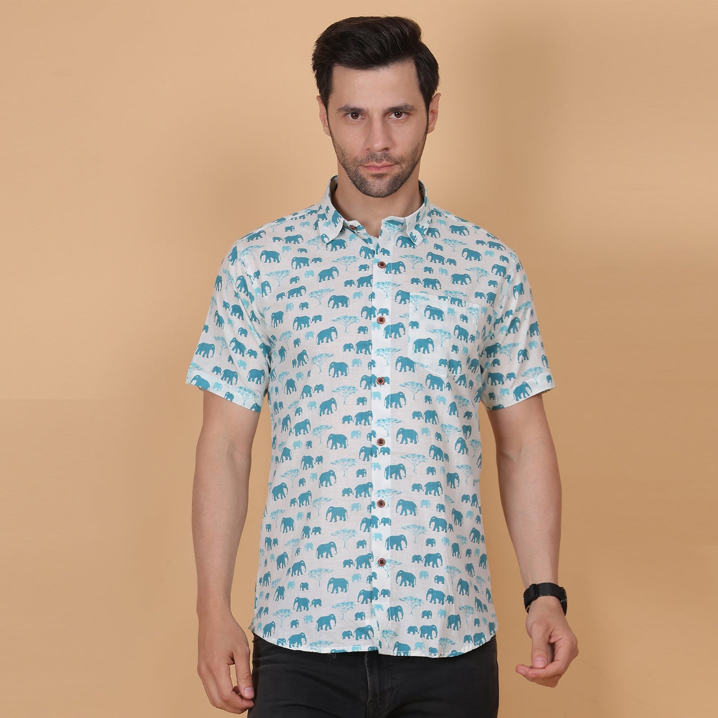 Men's White Cotton Half-Sleeve Shirt with Elephant Motif