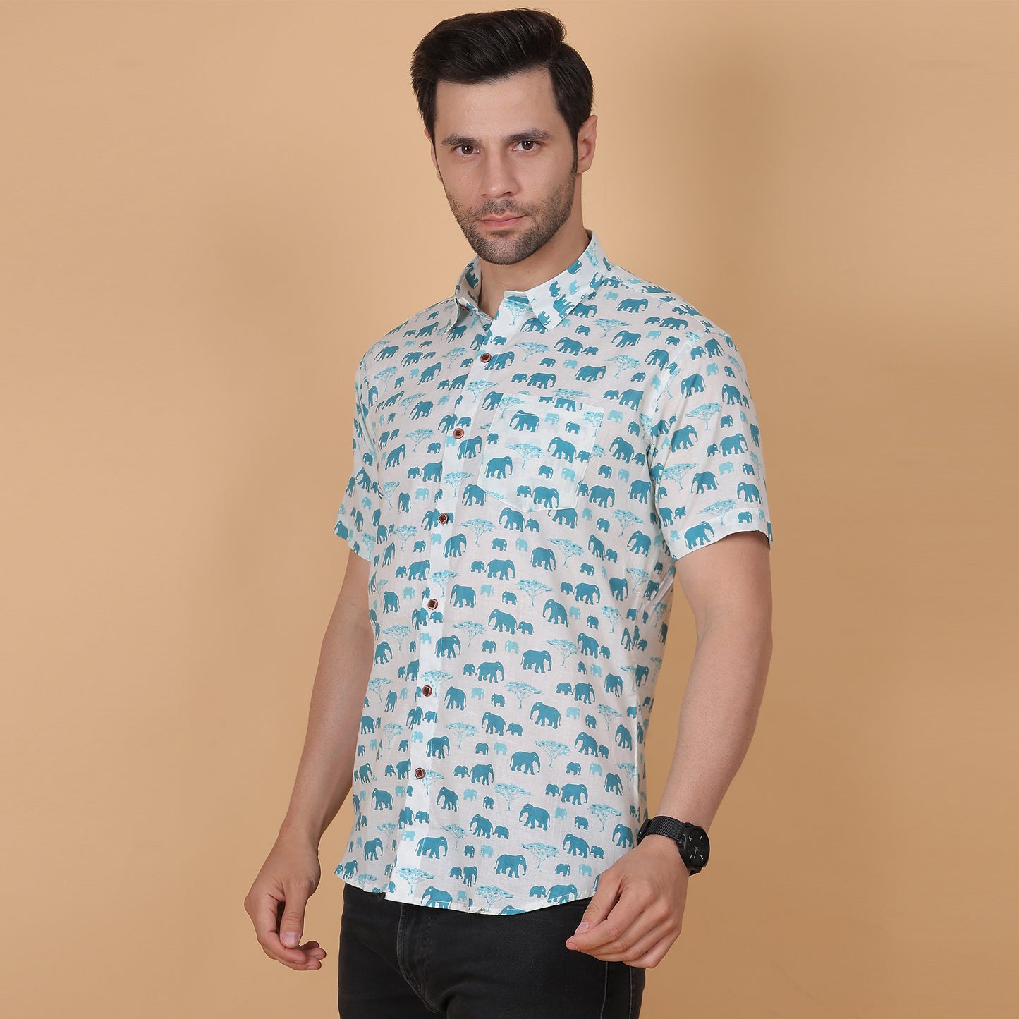 Men's White Cotton Half-Sleeve Shirt with Elephant Motif
