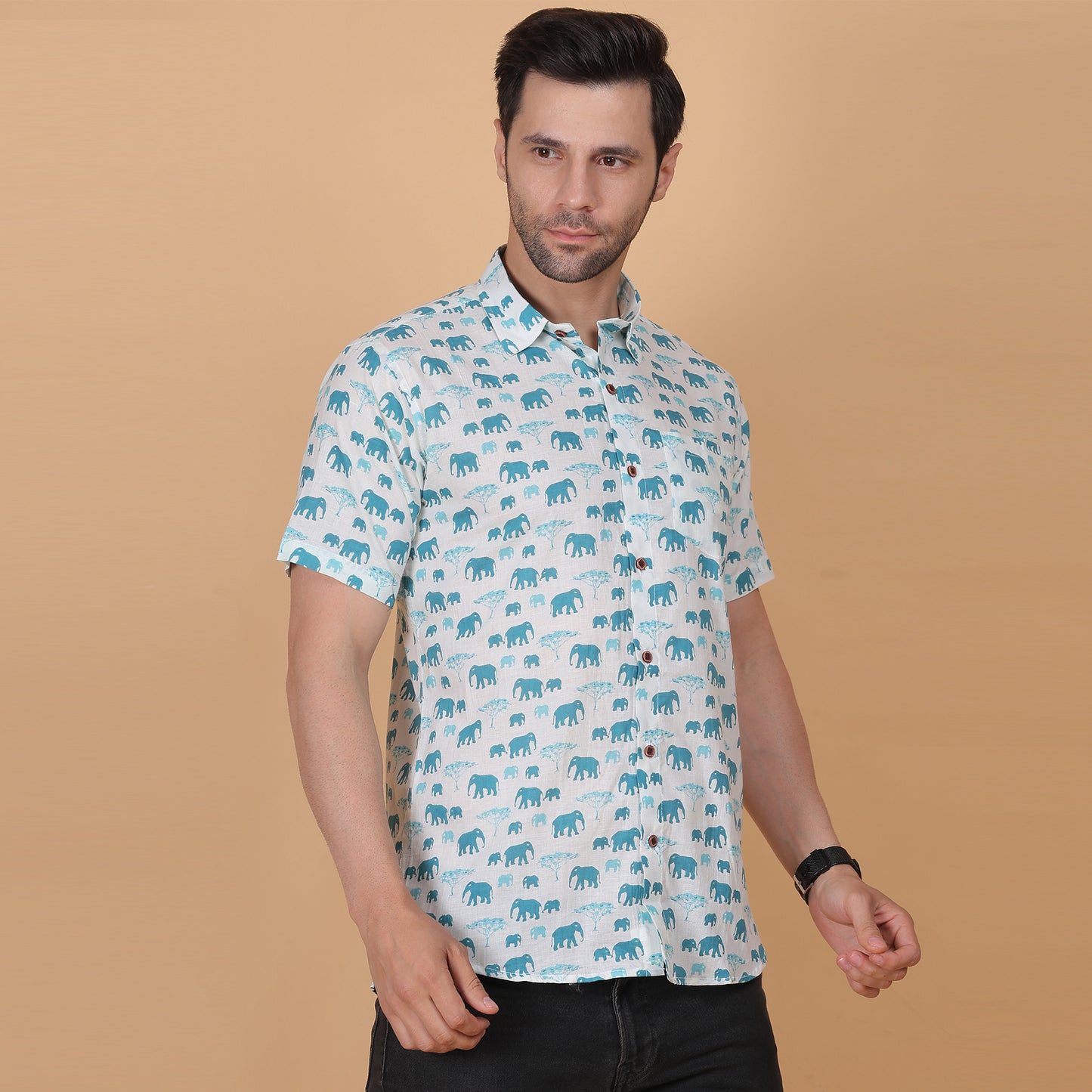 Men's White Cotton Half-Sleeve Shirt with Elephant Motif