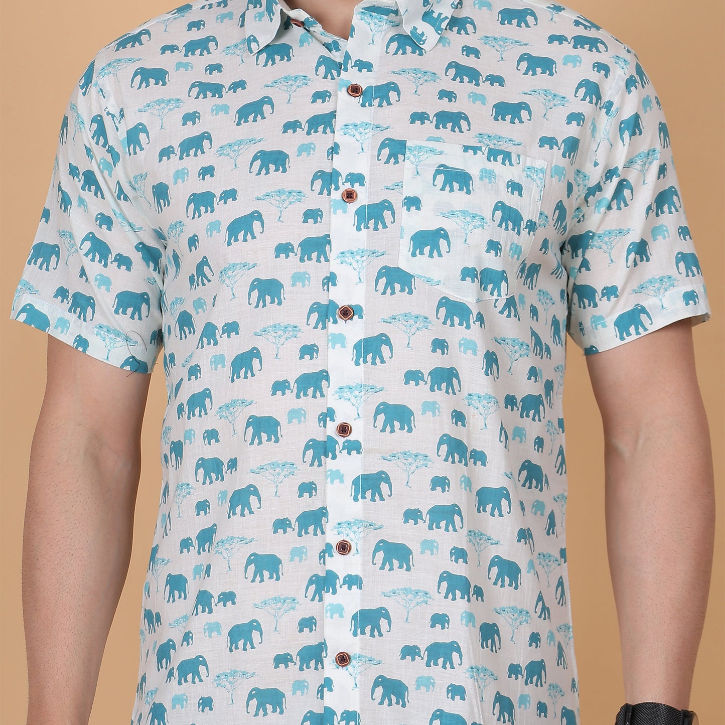 Men's White Cotton Half-Sleeve Shirt with Elephant Motif
