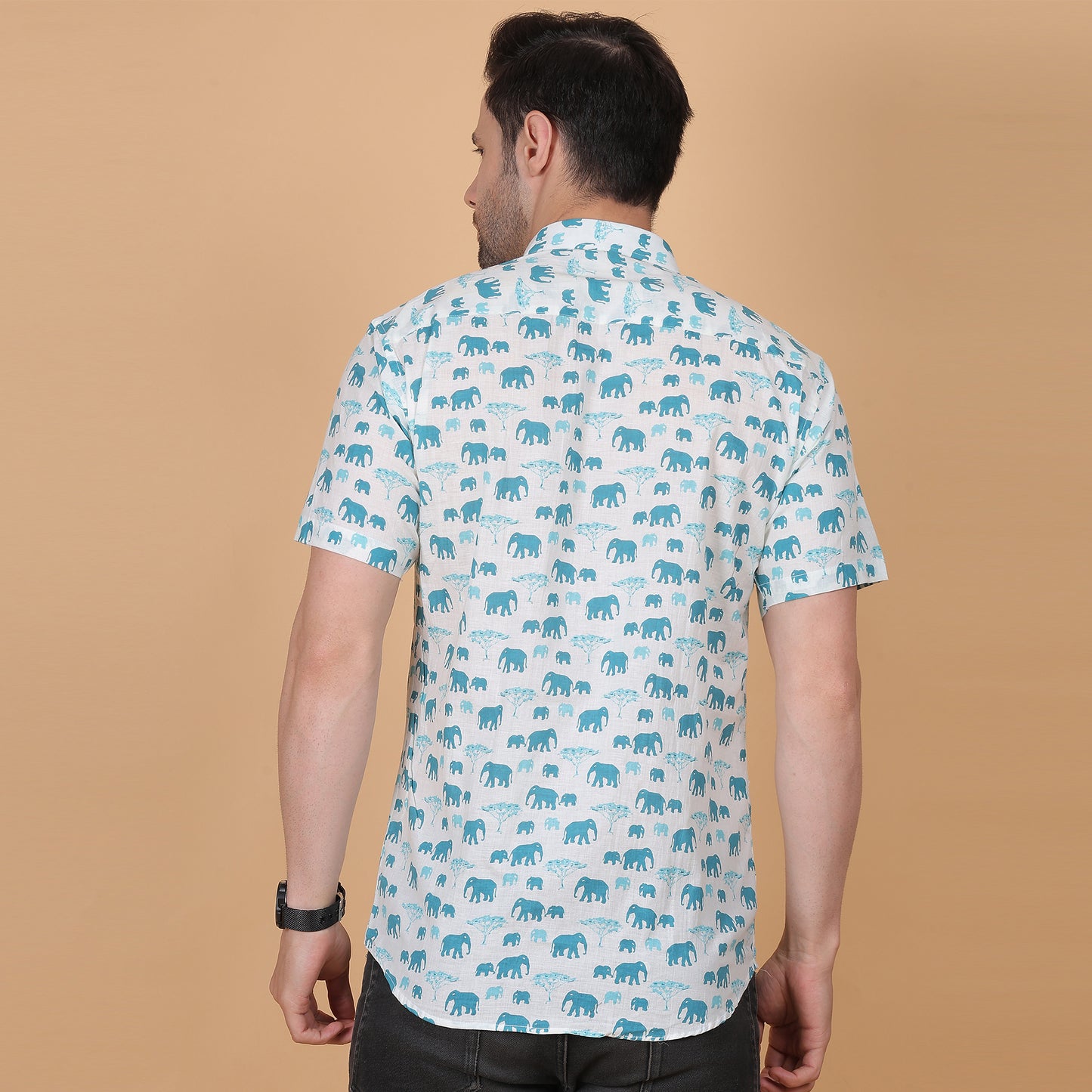 Men's White Cotton Half-Sleeve Shirt with Elephant Motif