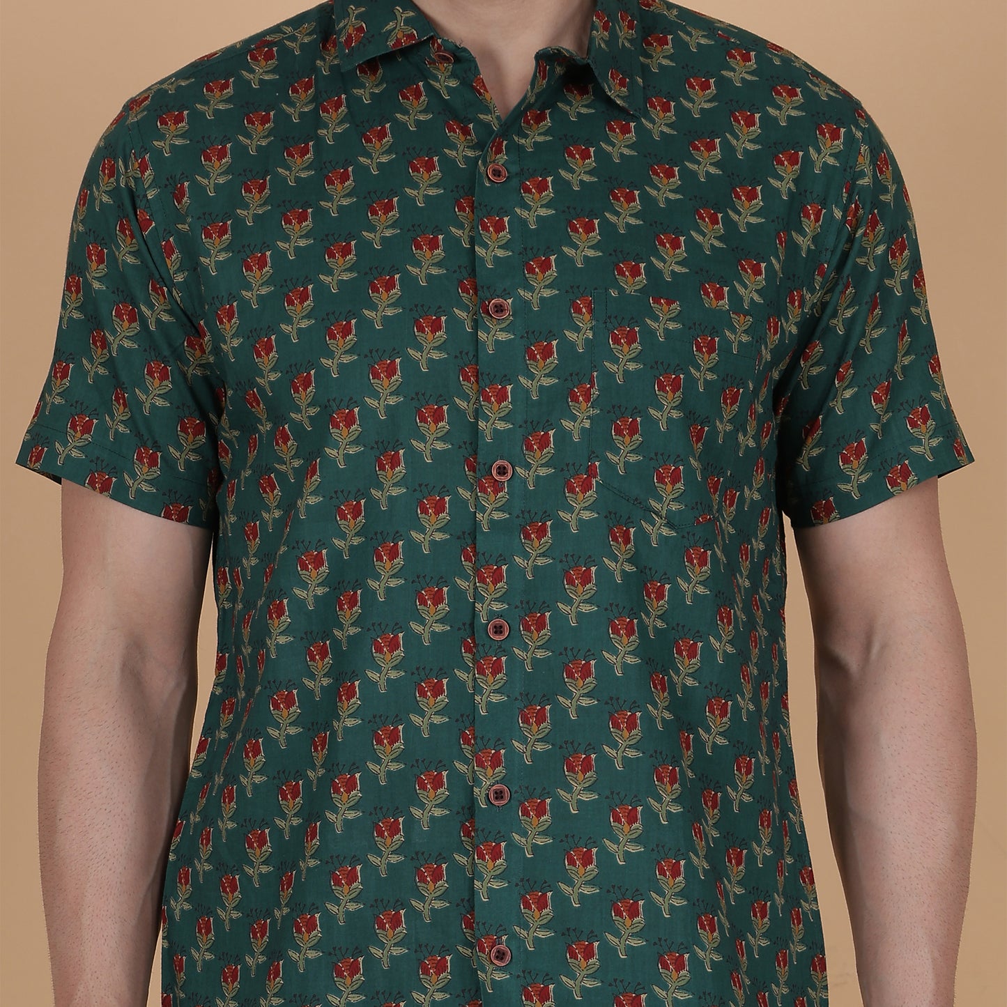 Men's Green Cotton Half-Sleeve Shirt with Red Rose Print
