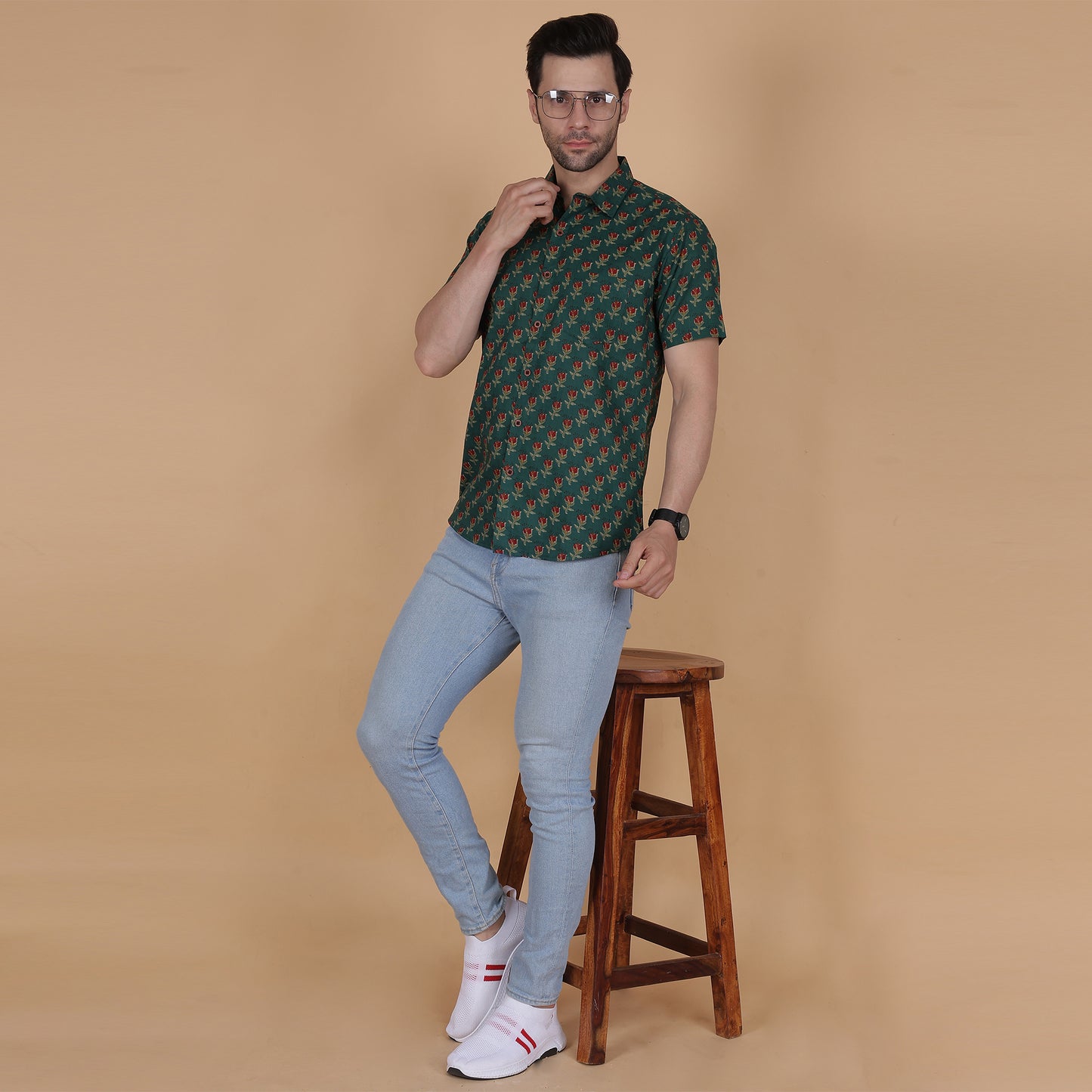Men's Green Cotton Half-Sleeve Shirt with Red Rose Print