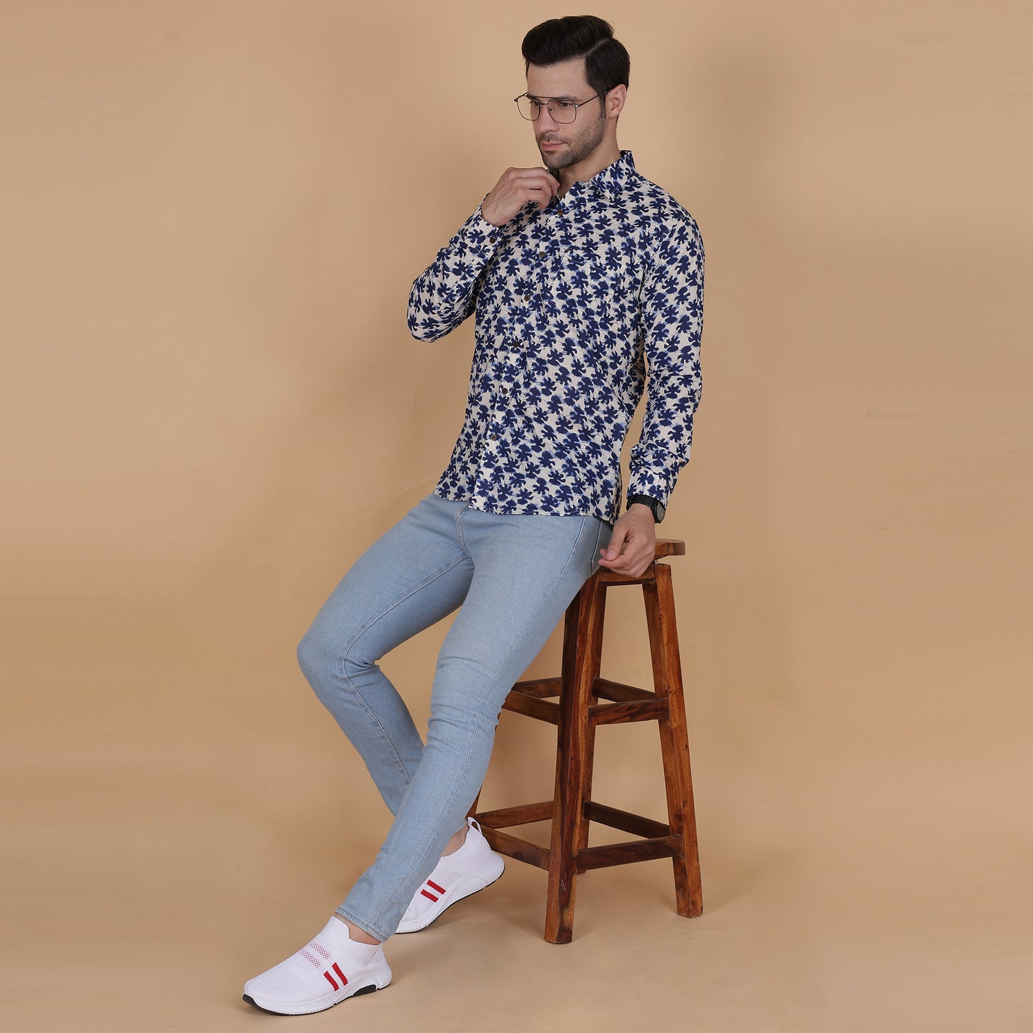 Men's Full-Sleeve Cotton Shirt with Indigo Leaf Screen Print