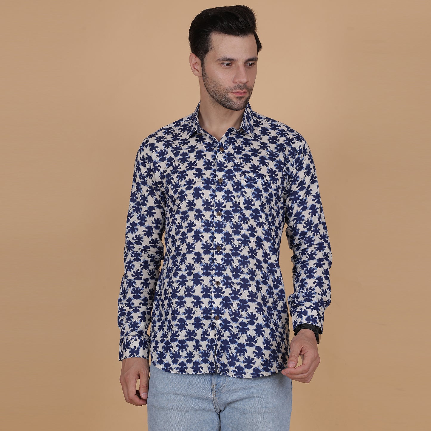 Men's Full-Sleeve Cotton Shirt with Indigo Leaf Screen Print