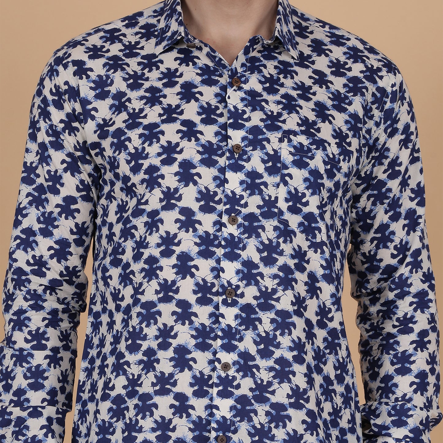 Men's Full-Sleeve Cotton Shirt with Indigo Leaf Screen Print