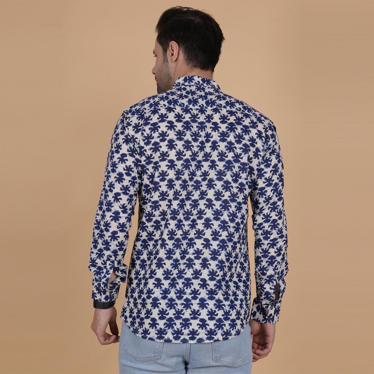 Men's Full-Sleeve Cotton Shirt with Indigo Leaf Screen Print