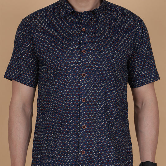 Men's Navy Cotton Half-Sleeve Shirt with Micro Floral Print