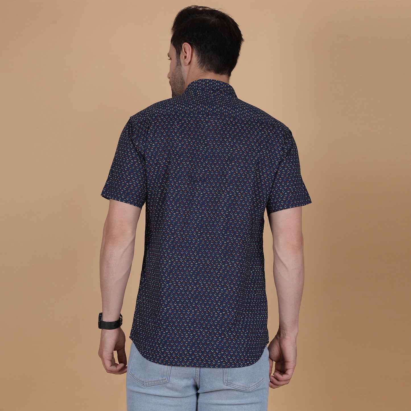 Men's Navy Cotton Half-Sleeve Shirt with Micro Floral Print
