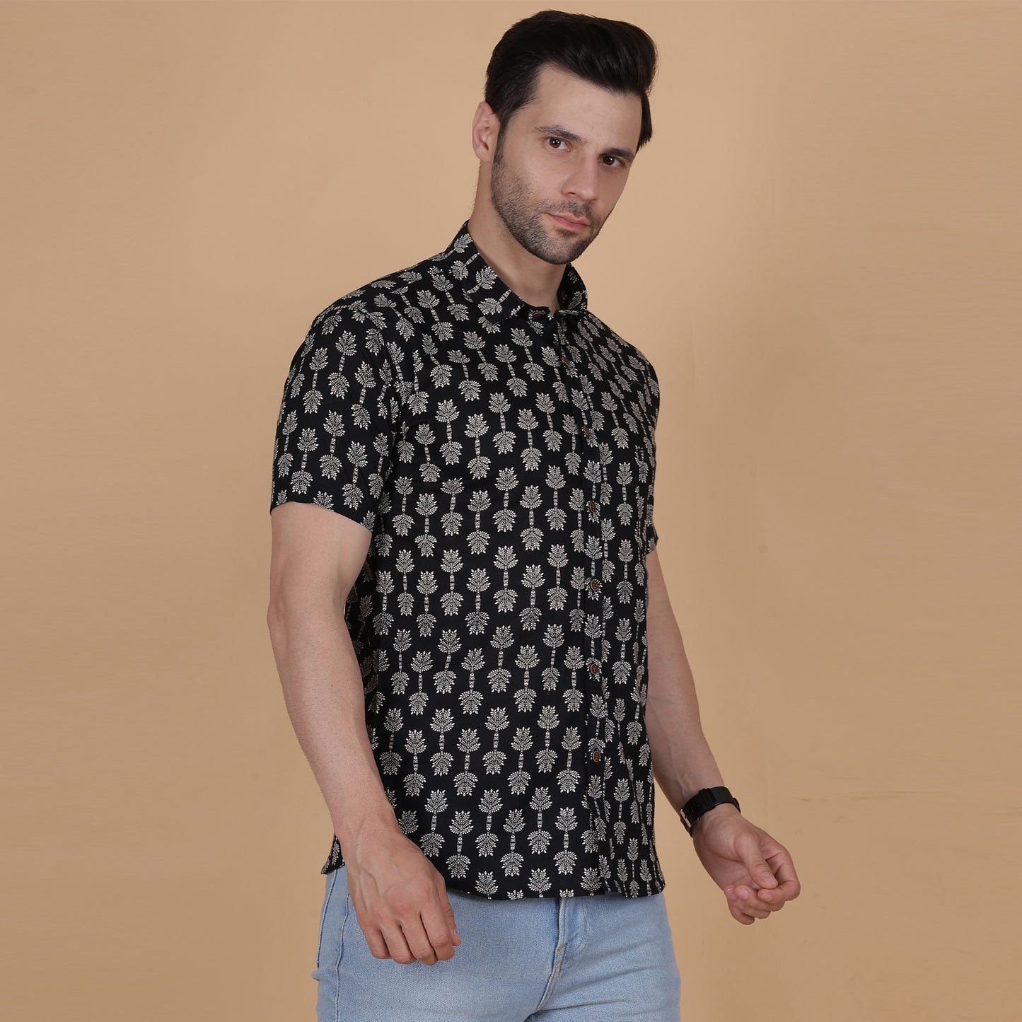Men's Black Screen-Printed Cotton Half-Sleeve Shirt with Tree Motif