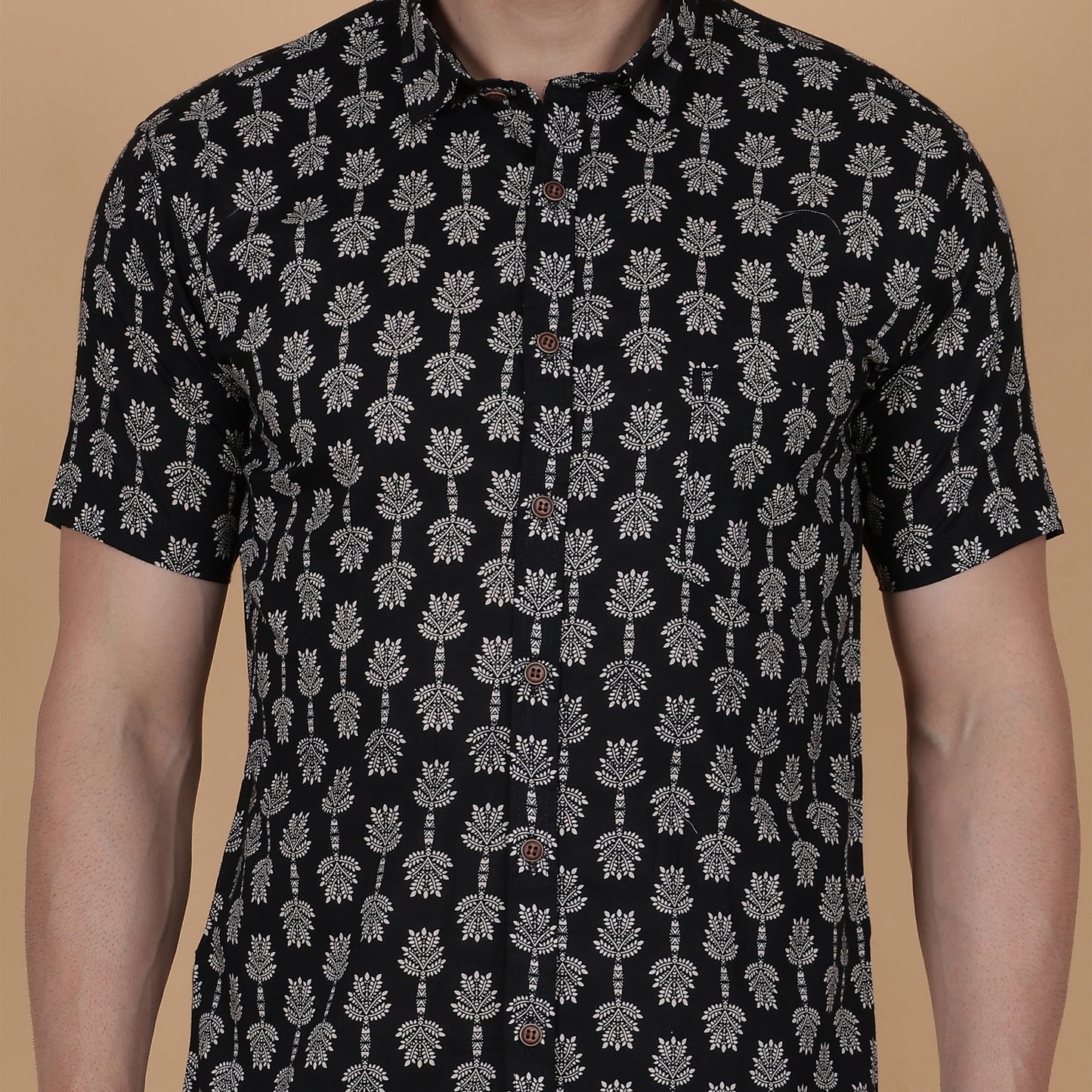 Men's Black Screen-Printed Cotton Half-Sleeve Shirt with Tree Motif