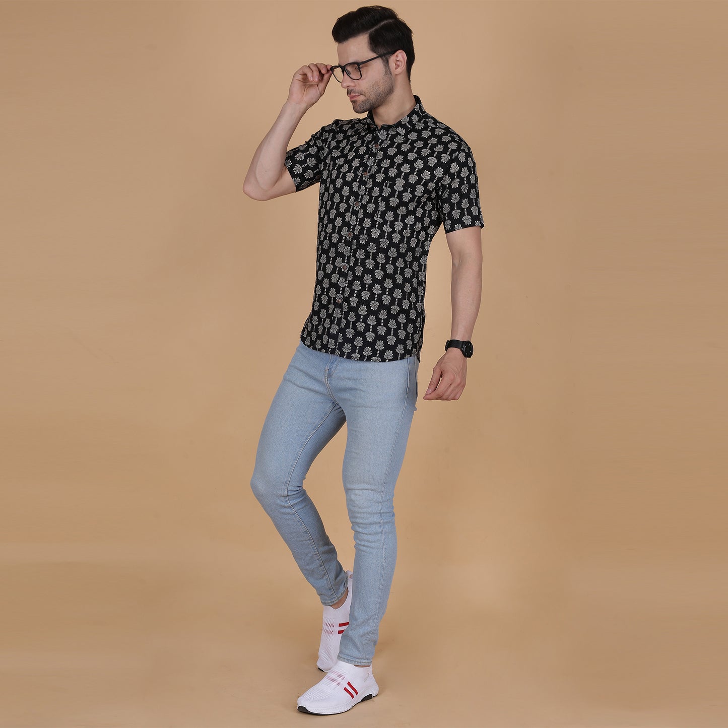 Men's Black Screen-Printed Cotton Half-Sleeve Shirt with Tree Motif