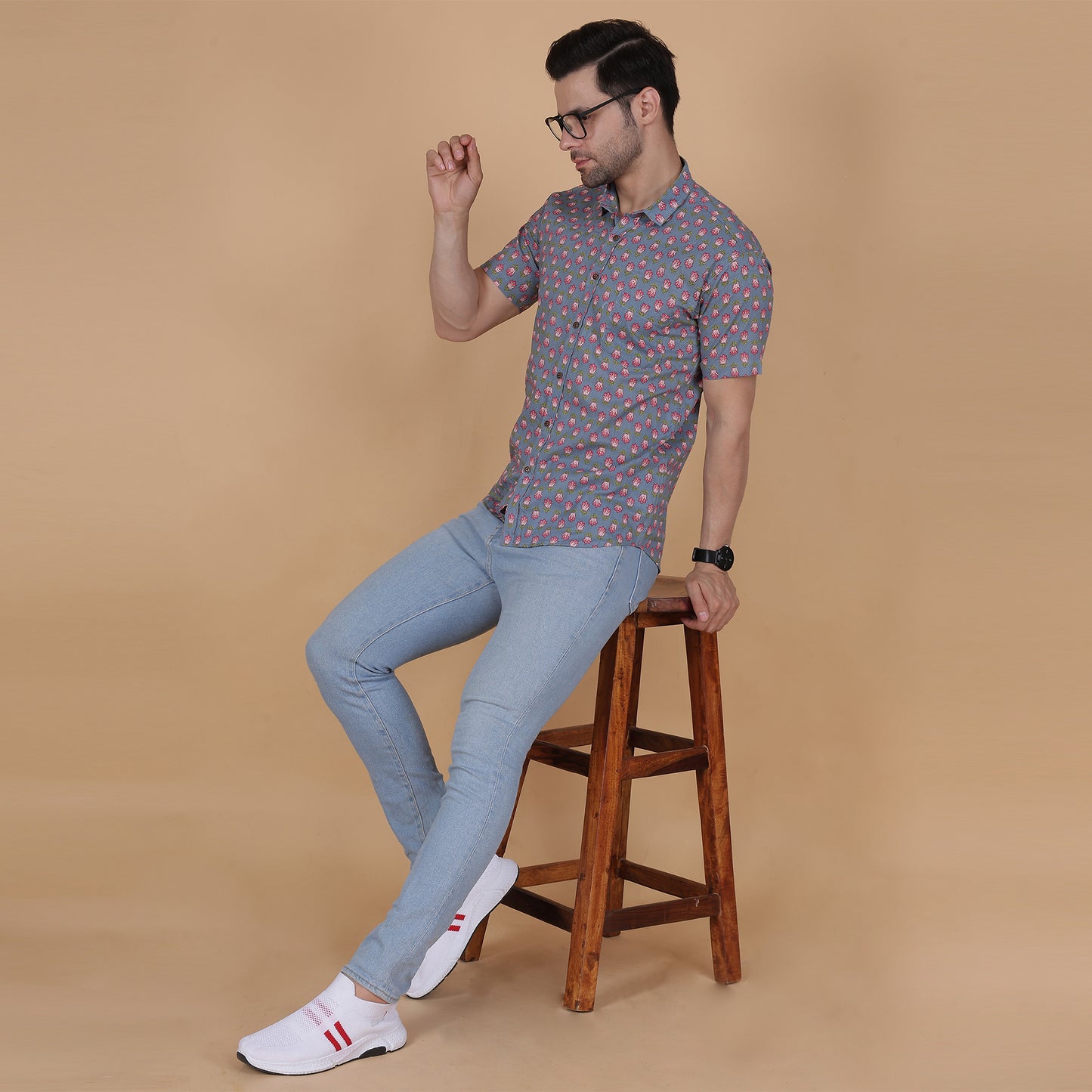 Men's Blue Cotton Half-Sleeve Shirt with Pink Floral Pattern