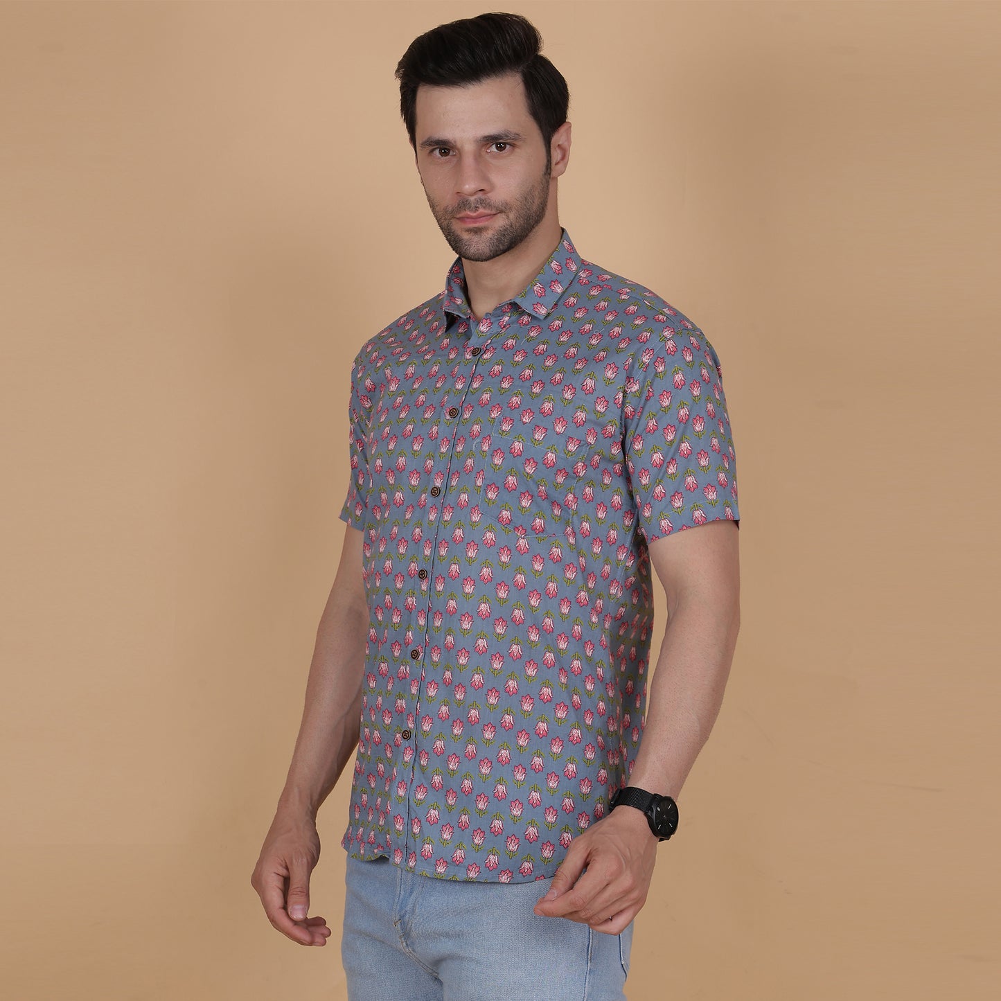 Men's Blue Cotton Half-Sleeve Shirt with Pink Floral Pattern