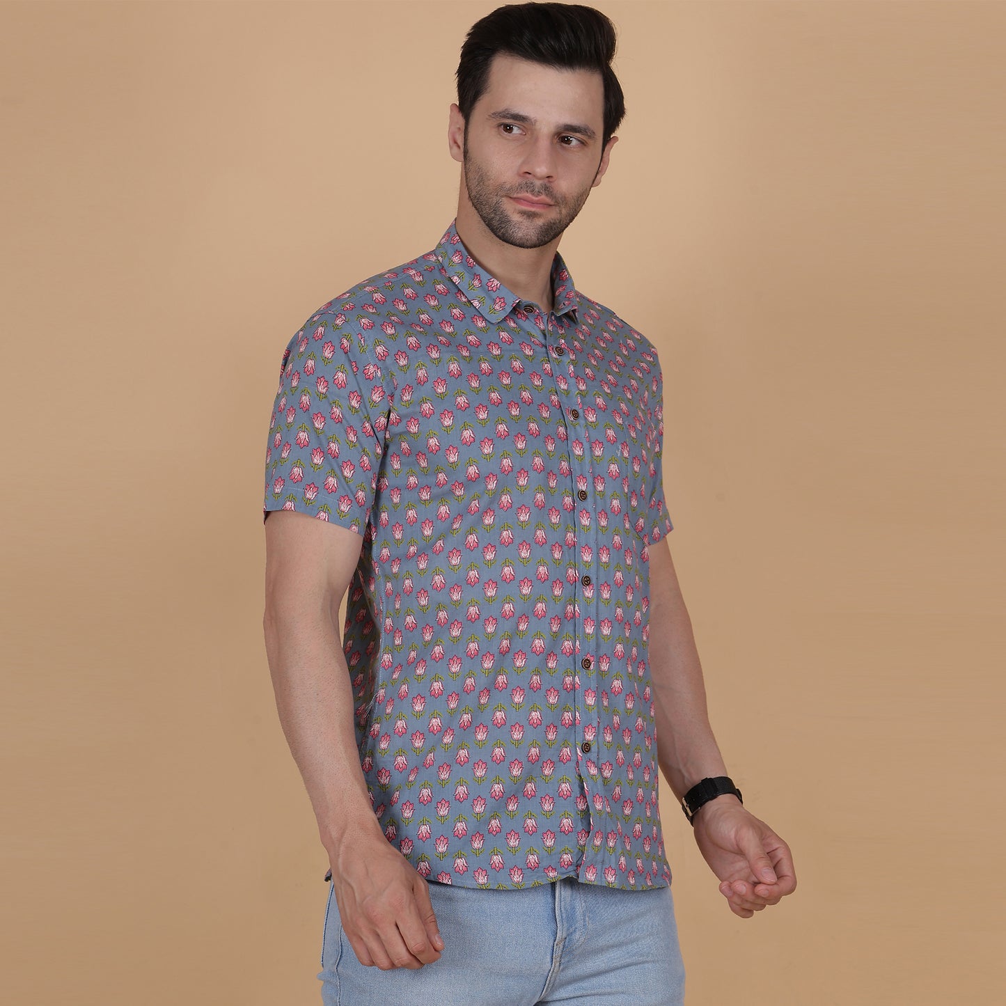 Men's Blue Cotton Half-Sleeve Shirt with Pink Floral Pattern