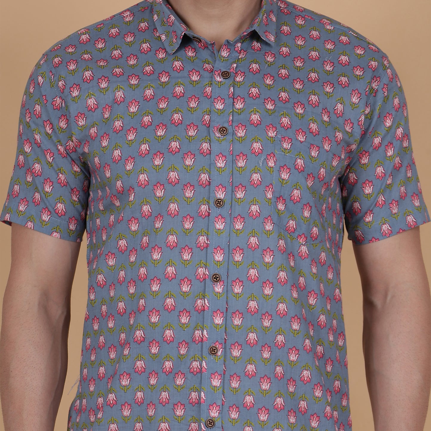 Men's Blue Cotton Half-Sleeve Shirt with Pink Floral Pattern
