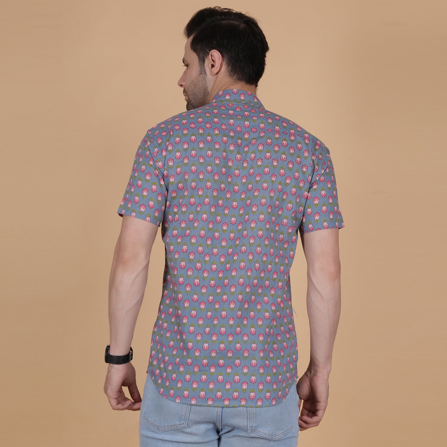 Men's Blue Cotton Half-Sleeve Shirt with Pink Floral Pattern