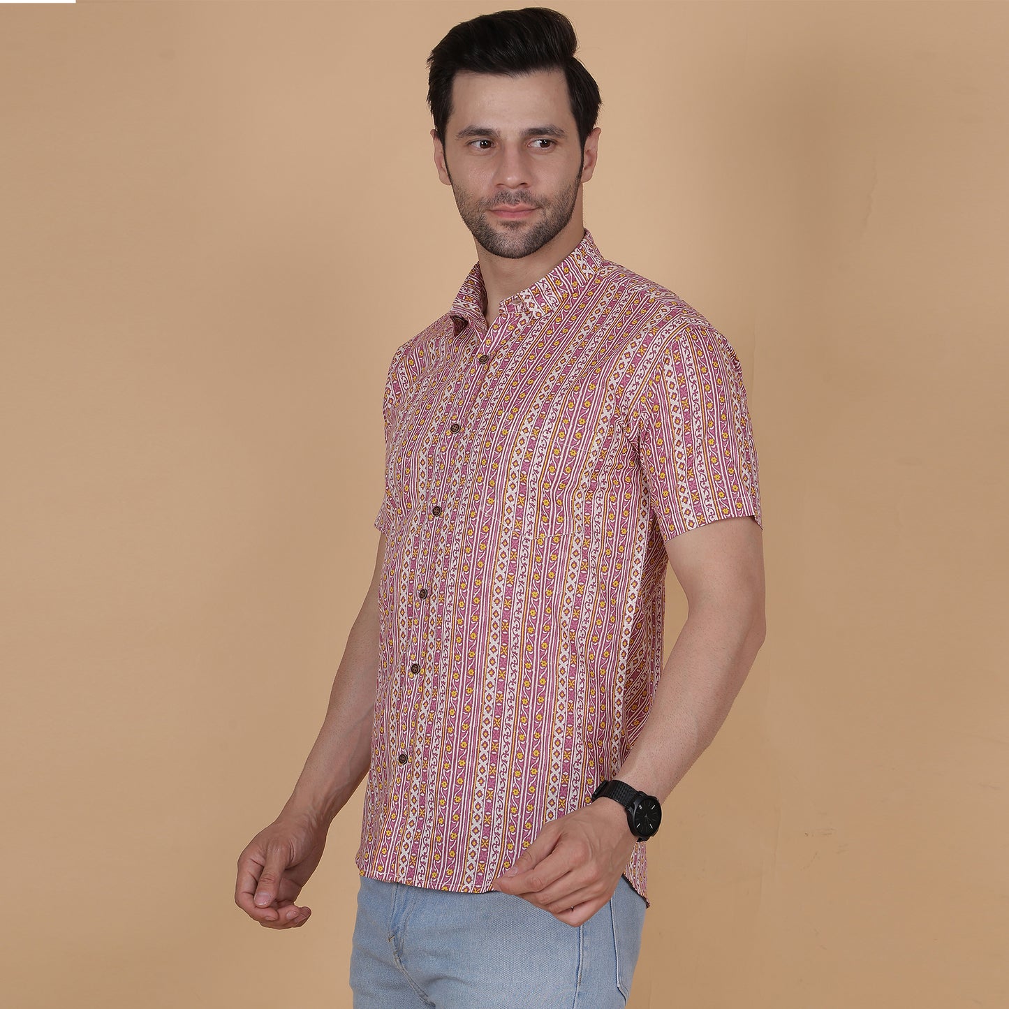 Men's Pink Cotton Half-Sleeve Shirt with Heritage-Inspired Stripes