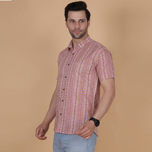 Men's Pink Cotton Half-Sleeve Shirt with Heritage-Inspired Stripes