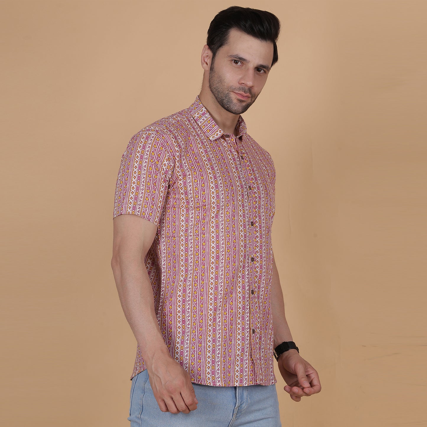 Men's Pink Cotton Half-Sleeve Shirt with Heritage-Inspired Stripes