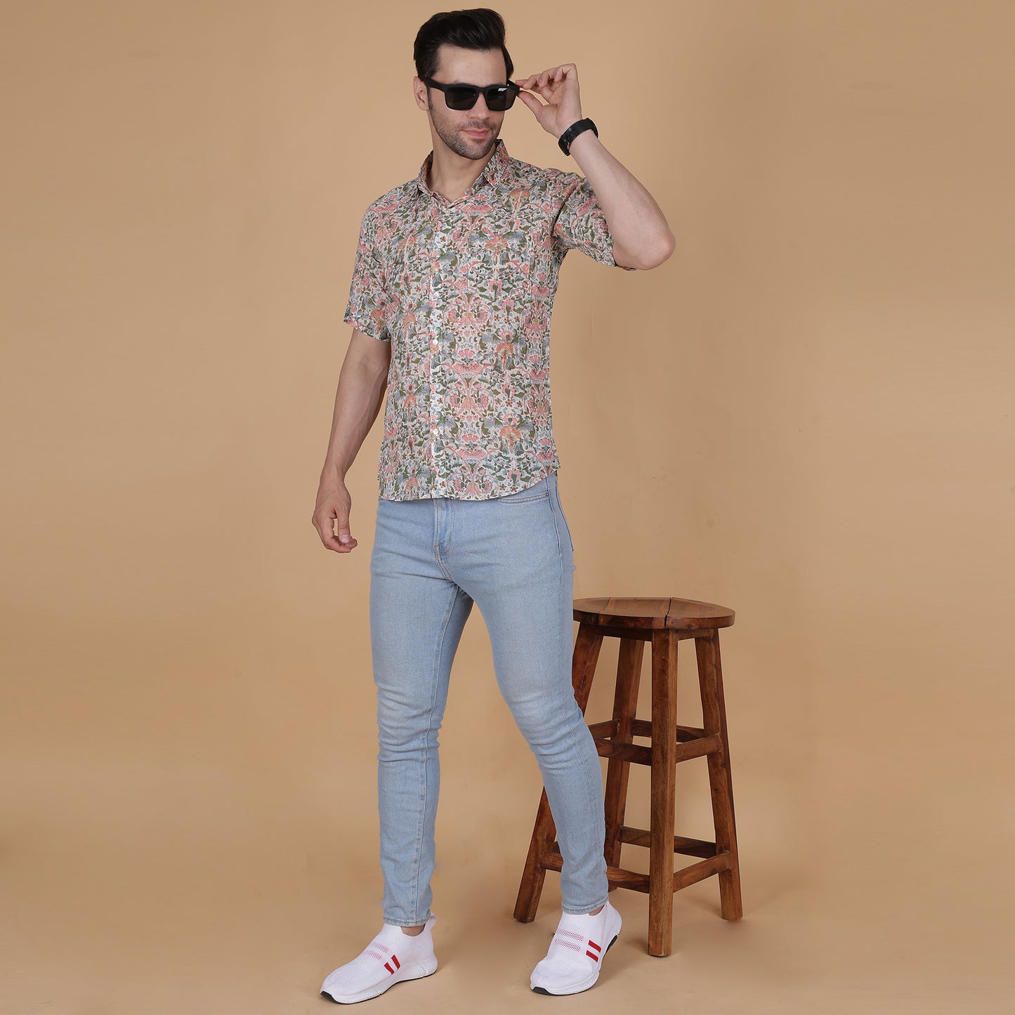 Men's Cotton Half-Sleeve Shirt with Pastel Handblock Floral Print