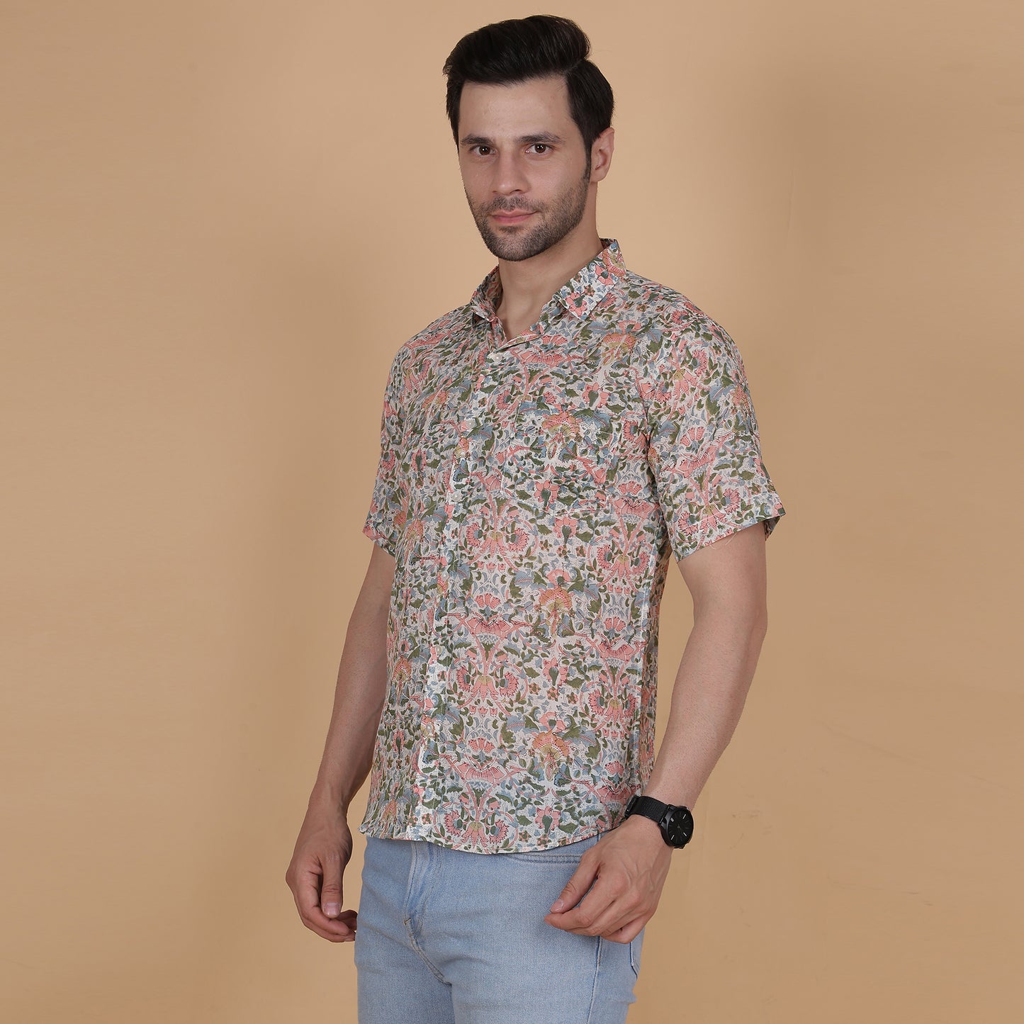 Men's Cotton Half-Sleeve Shirt with Pastel Handblock Floral Print
