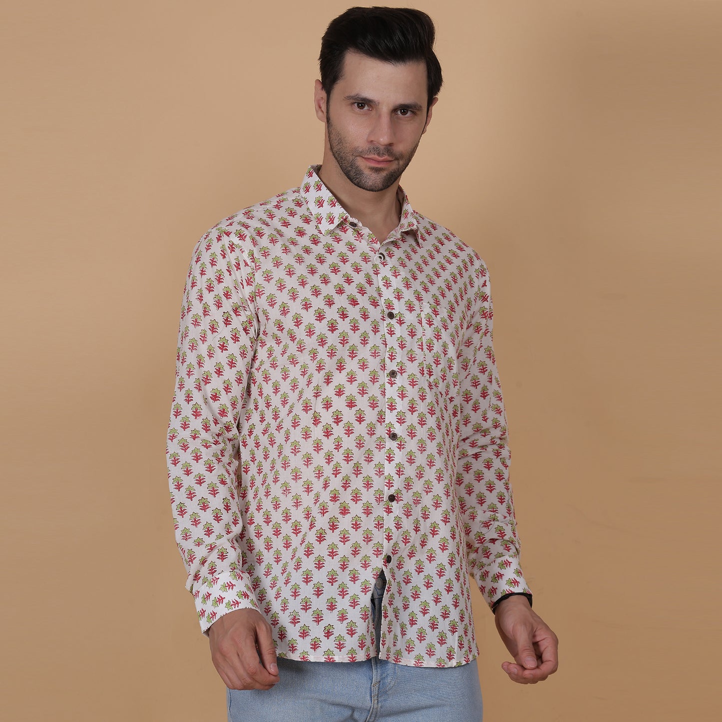 Red and Green Floral Handblock Full-Sleeve Cotton Shirt